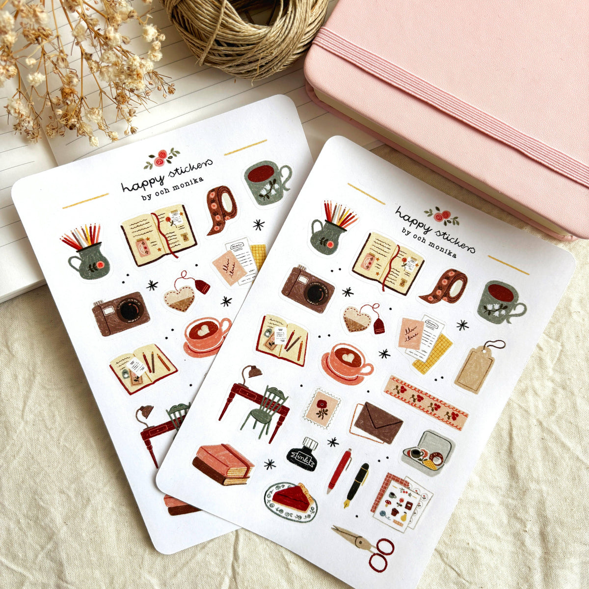 Two cozy journaling sticker sheets featuring coffee cups, books and camera icons