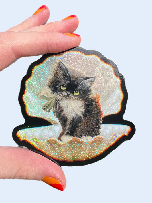 3-inch tuxedo cat in seashell sticker with glittery iridescent edges