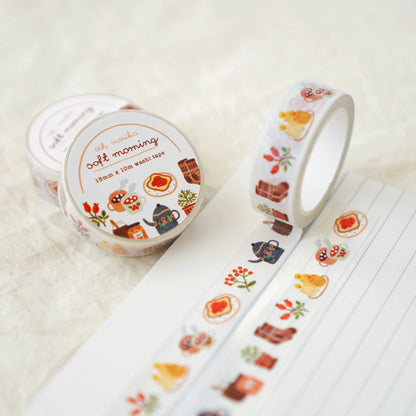 Decorative washi tape roll set with cute breakfast illustration pattern on a pale white base