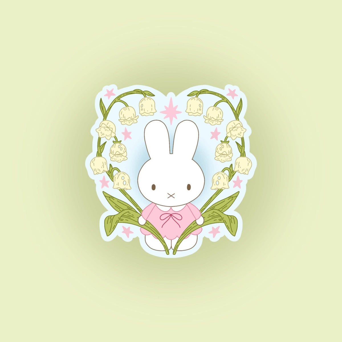 Bunny flower sticker with pale blue bunny wearing a pink bow and pastel doodles