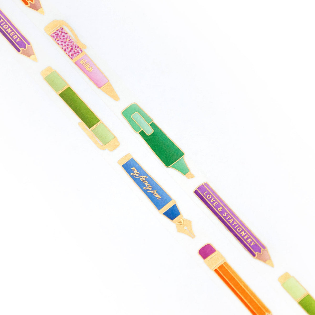 Washi tape with pen designs in green, blue, orange, and purple, shown as a diagonal strip