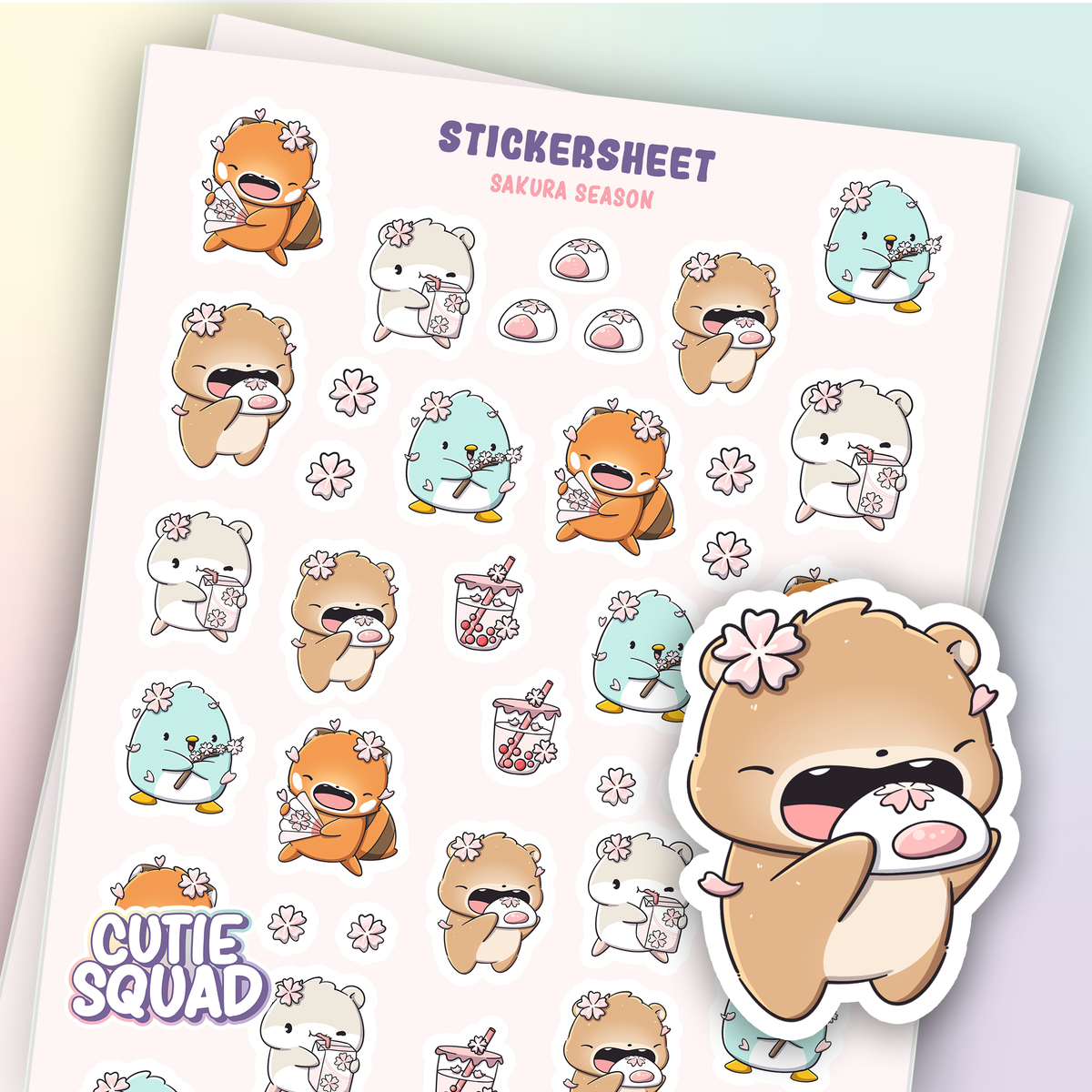 Cute animal sticker sheet with sakura flowers, fruit drinks, and character cutouts
