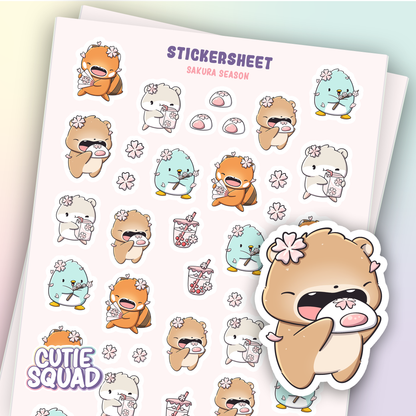 Cute animal sticker sheet with sakura flowers, fruit drinks, and character cutouts