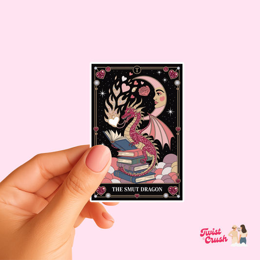 Book-themed dragon sticker featuring crowned dragon, books, and the title card