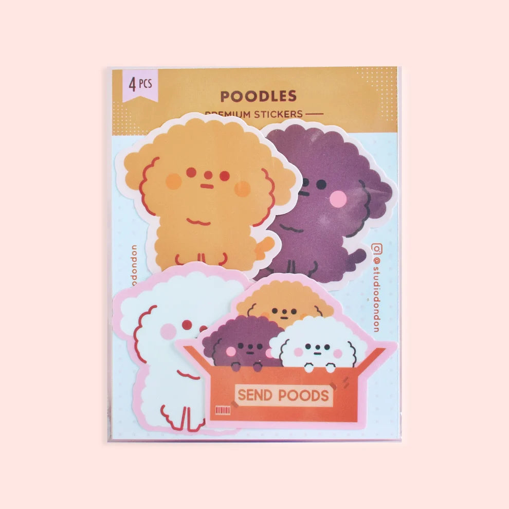 Poodle vinyl sticker pack, 4 pcs, pastel poodle characters on retail package