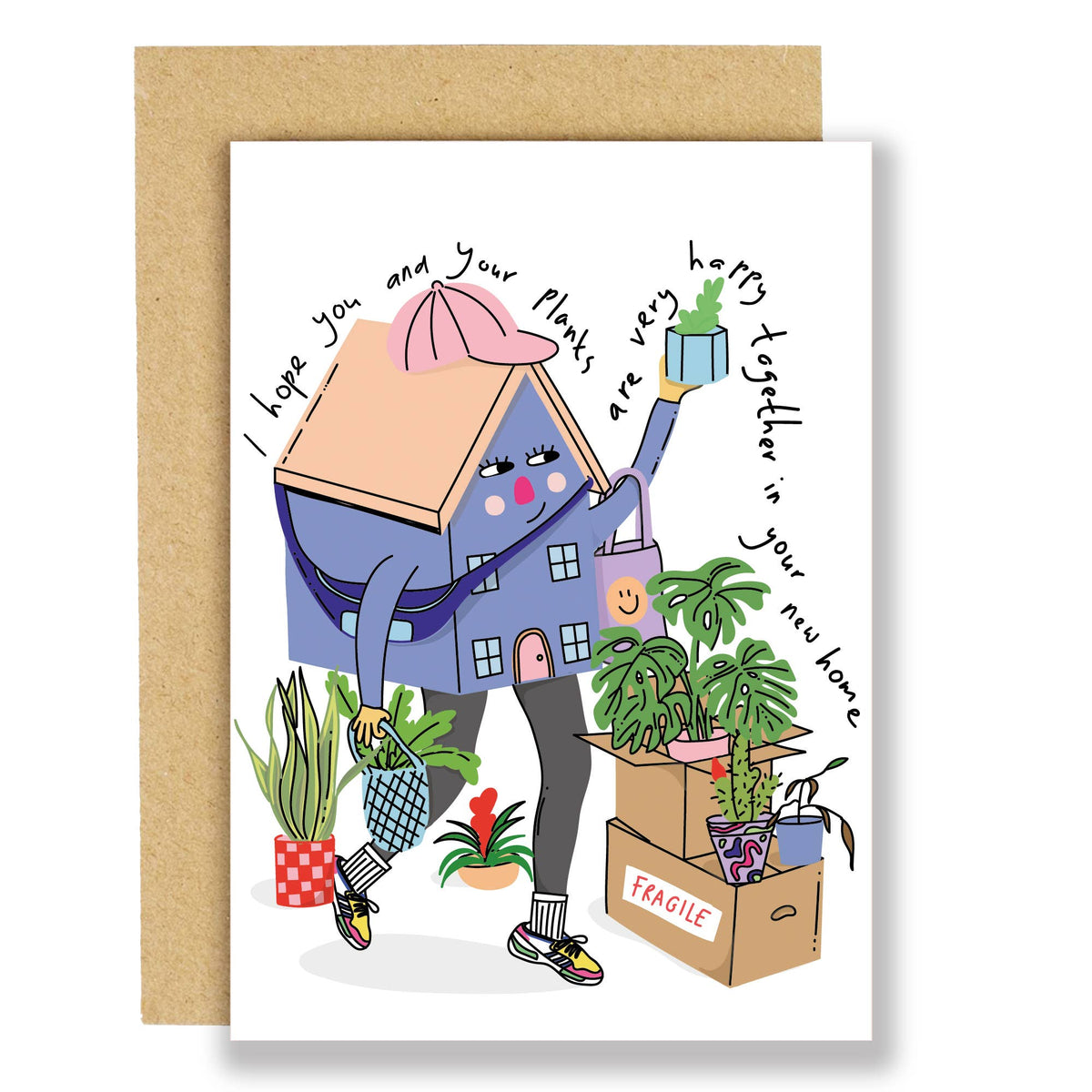 Housewarming greeting card with colorful illustration of person carrying potted plants and boxes