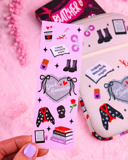 Handheld dark romance girly bookmark with boots, heart, cat, and quote strip