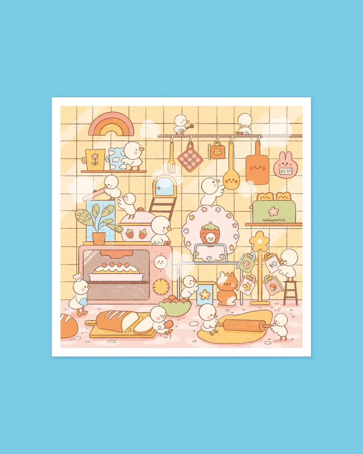 Kitchen activity poster with cartoon characters, food, plants, and utensils in warm tones