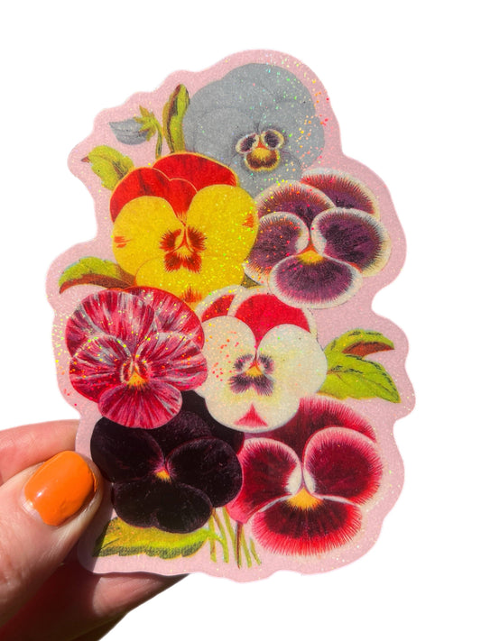 4 inch floral sticker sheet with mixed violets and glitter speckles