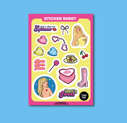 A5 sticker sheet with cute fashion icons: cherries, cake, boots, bows, and speech bubbles