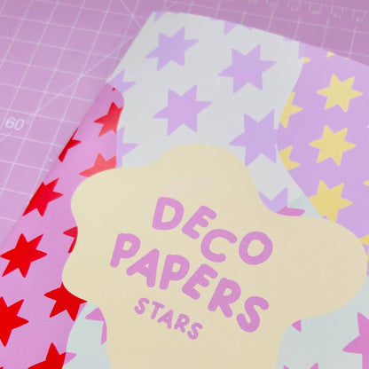 A5 deco papers book, white cover with purple “DECO PAPERS STARS” cloud and star pattern