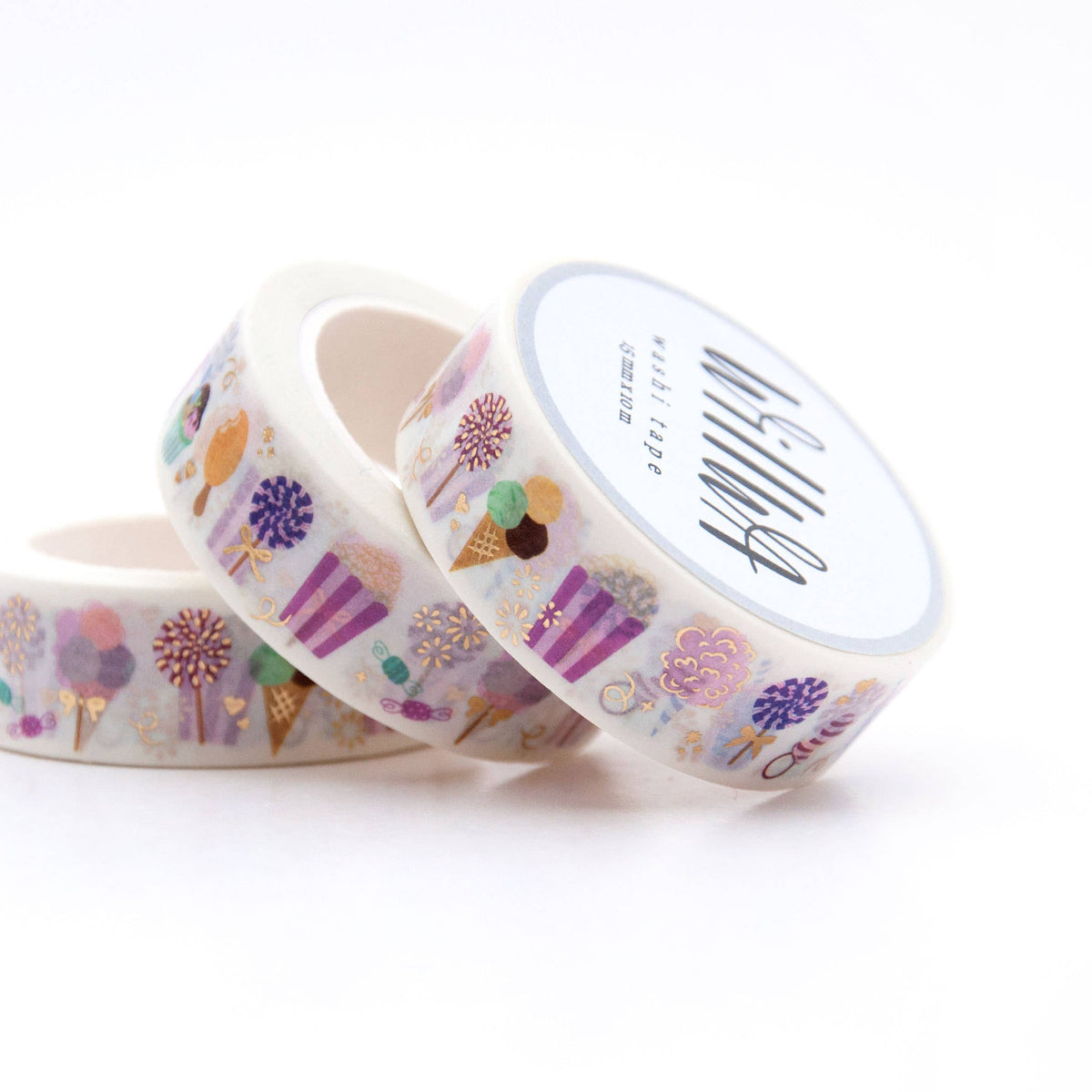 Washi tape roll with lid, featuring repeating purple and pink striped sweet icons