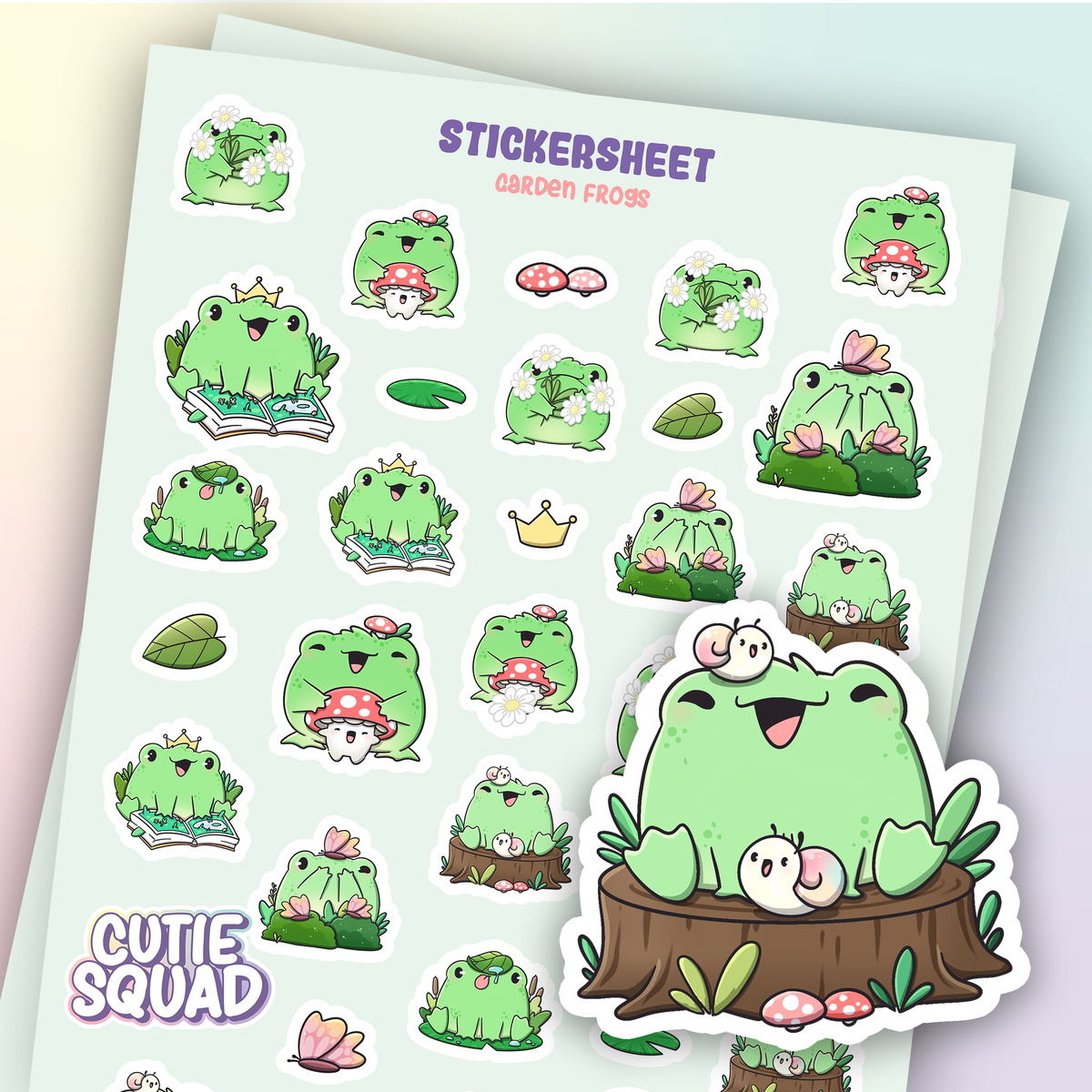 Garden frog sticker sheet with green frogs, mushrooms, flowers, leaves, and small critters