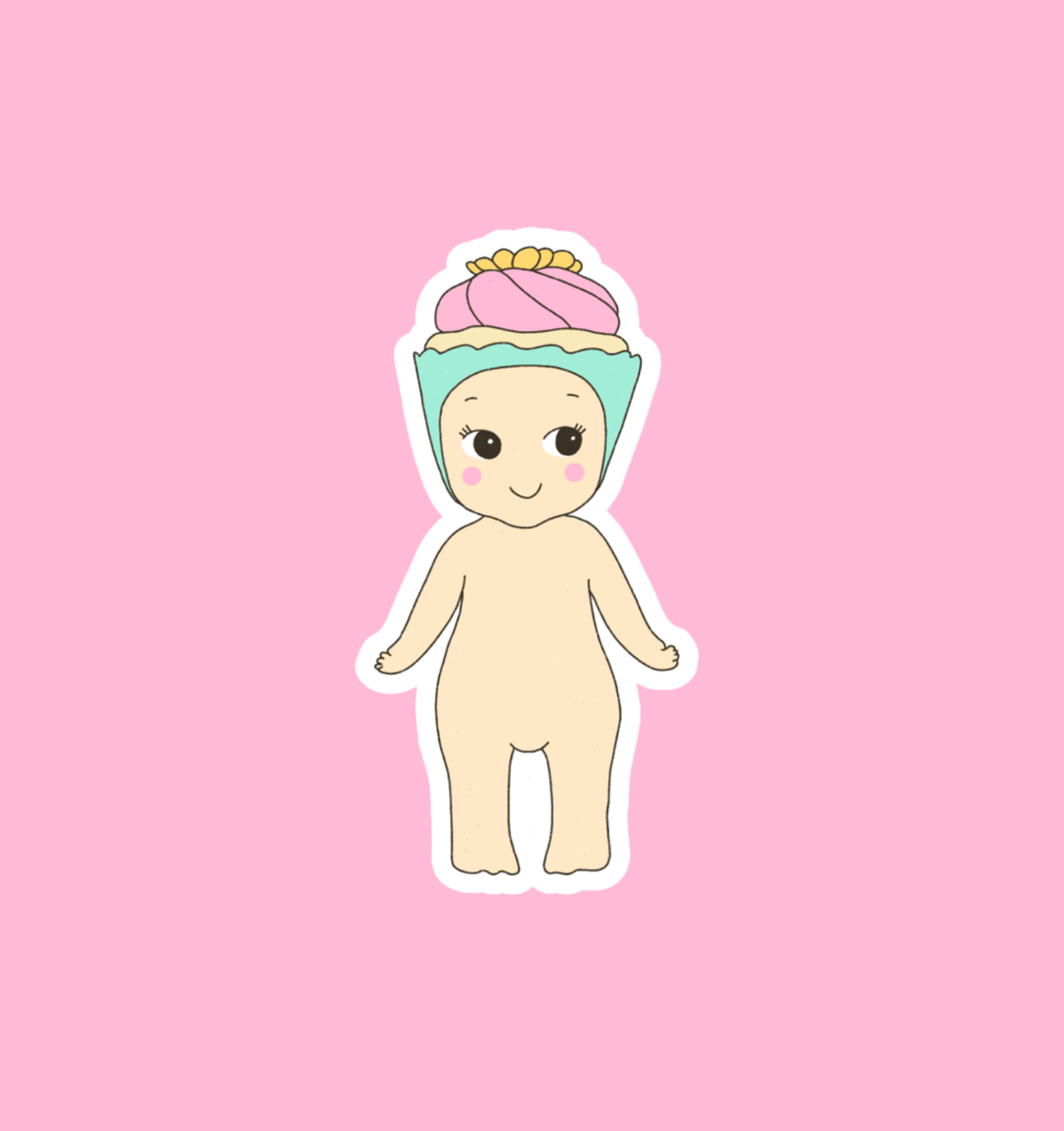 Baby cupcake character sticker with pink hat, pastel face, and beige body.