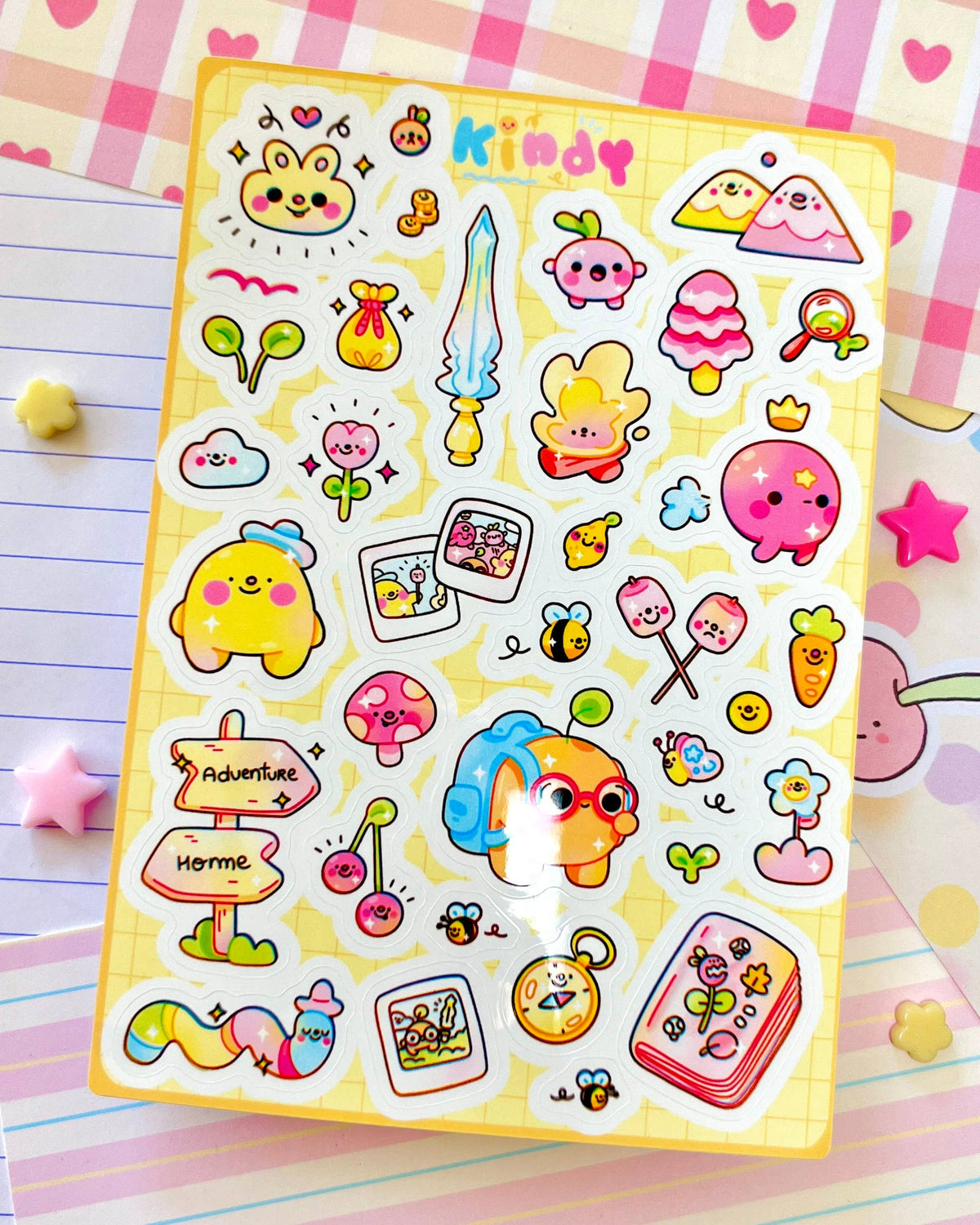 Adventure awaits sticker sheet with playful animal and food stickers, assorted shapes