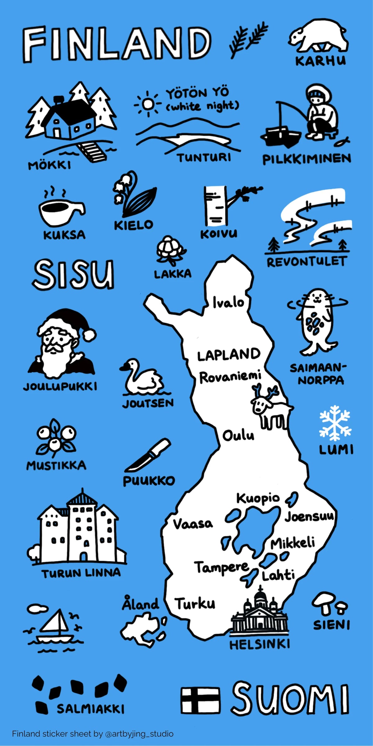Finland washi sticker sheet with map outline, animals, buildings, and winter icons