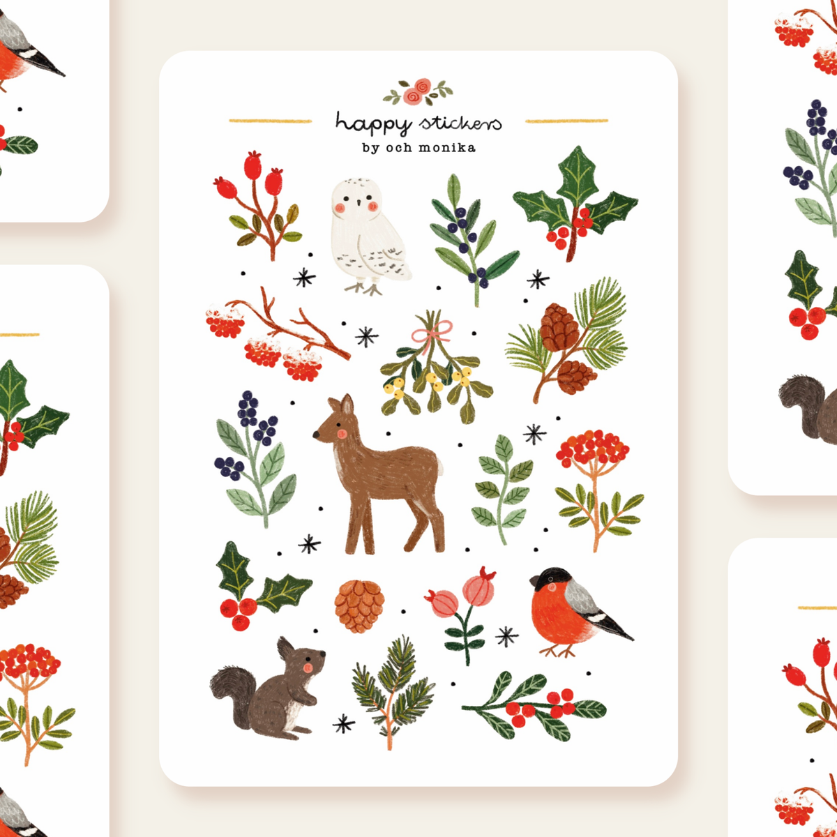 Winter nature sticker sheet with fox, owl, robin, deer, holly, pine, and berries