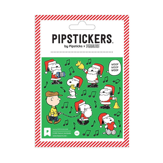 Pipsticks Snoopy caroling sticker sheet with green background and music icons