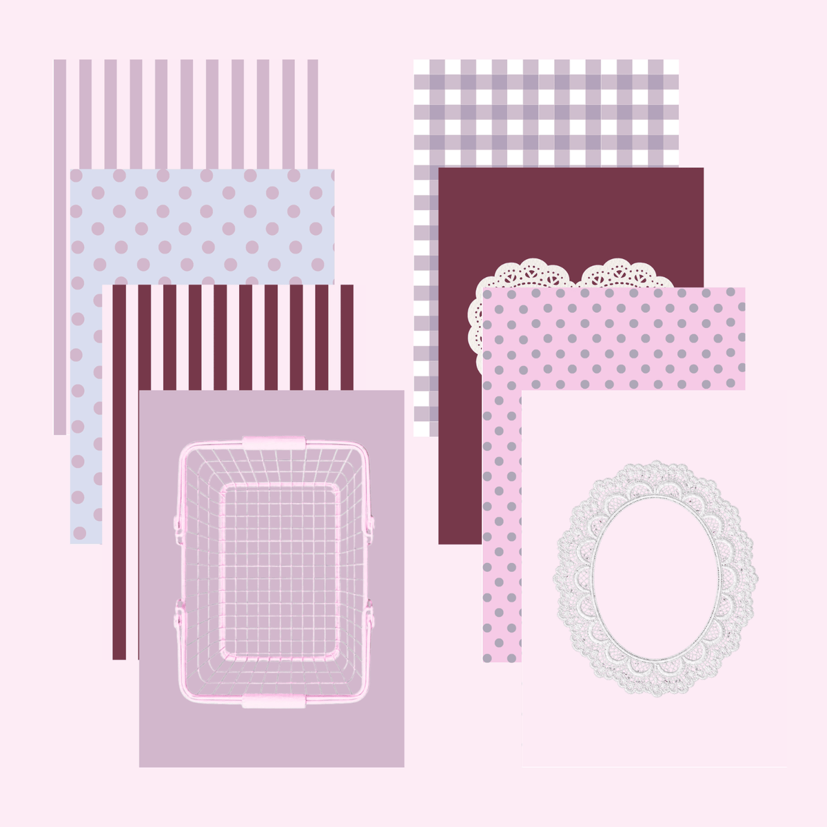 Junk papers charm set layout of purple patterned paper sheets with tags and lace labels