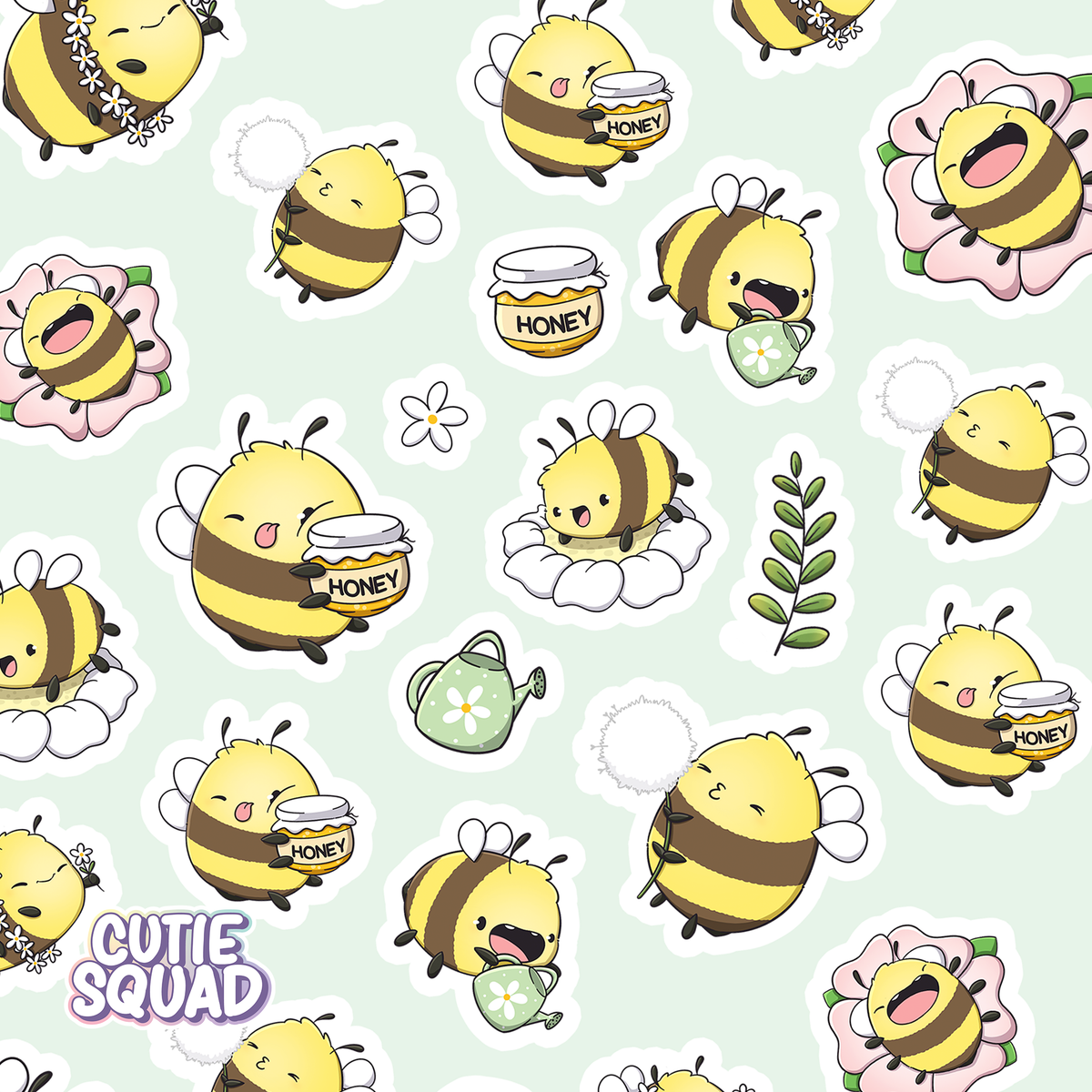 Cute bee sticker sheet close-up with bees, honey jar, flowers, and leaves
