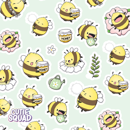 Cute bee sticker sheet close-up with bees, honey jar, flowers, and leaves