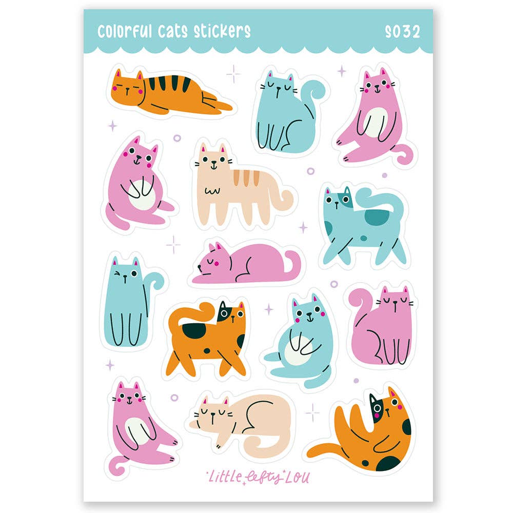 Waterproof colorful cat sticker sheet with 12+ cute cat faces and full-body designs