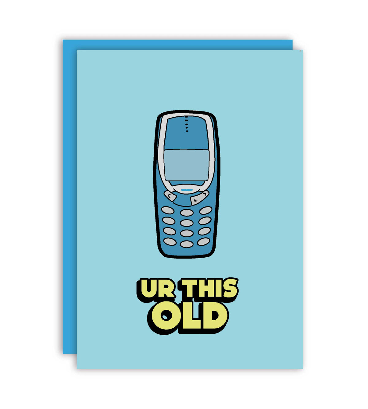 Light blue birthday card with vintage phone icon and 'UR THIS OLD' text