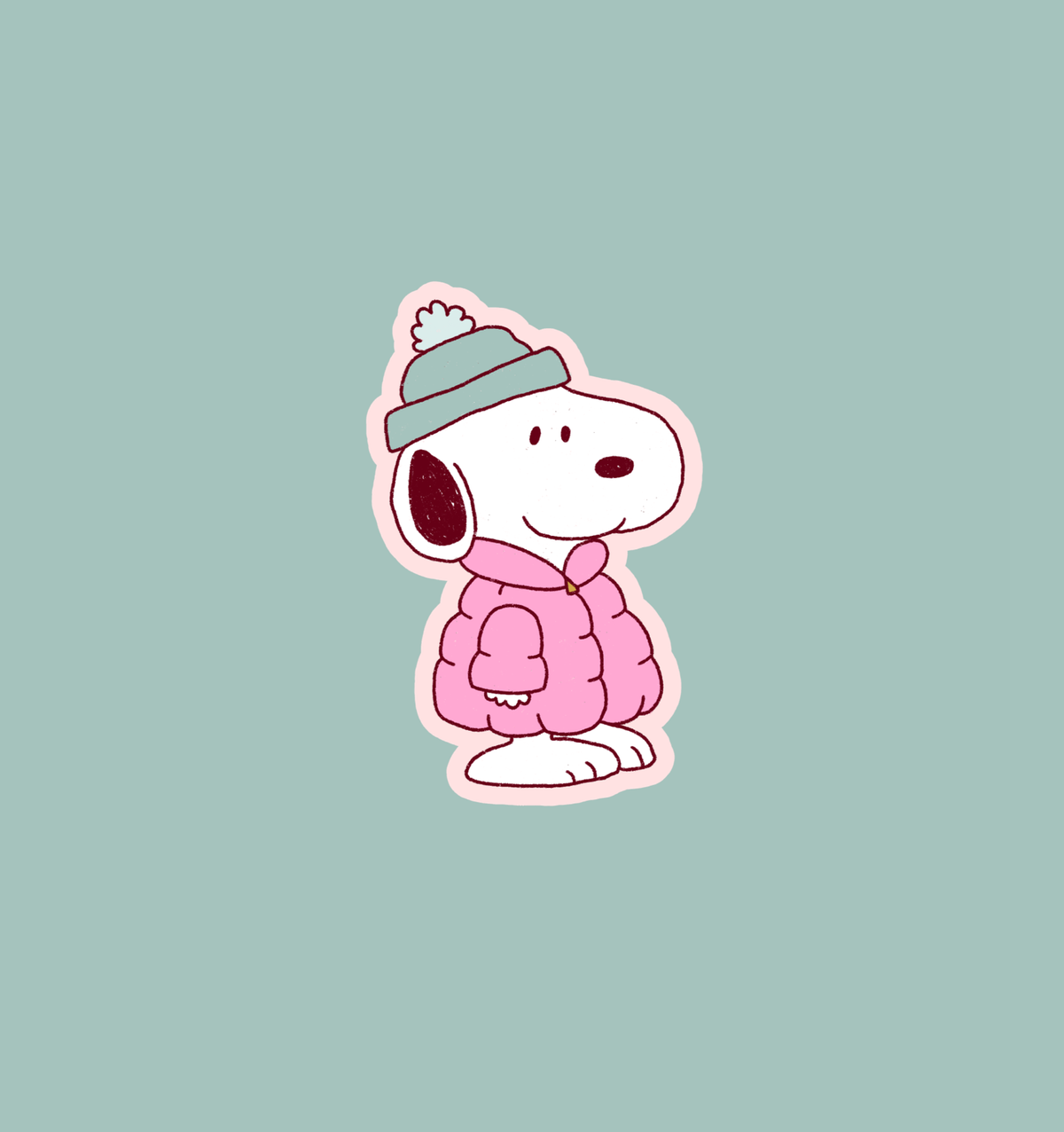 Snoopy sticker: white cartoon dog in pink outfit and cap with embroidered outline