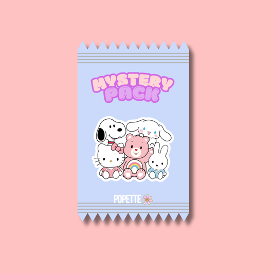 Mystery pack character card pack with cute animal illustrations on blue wrapper