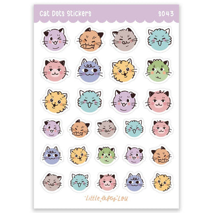 A6 cat face sticker sheet with pastel dot-style cats and transparent outline