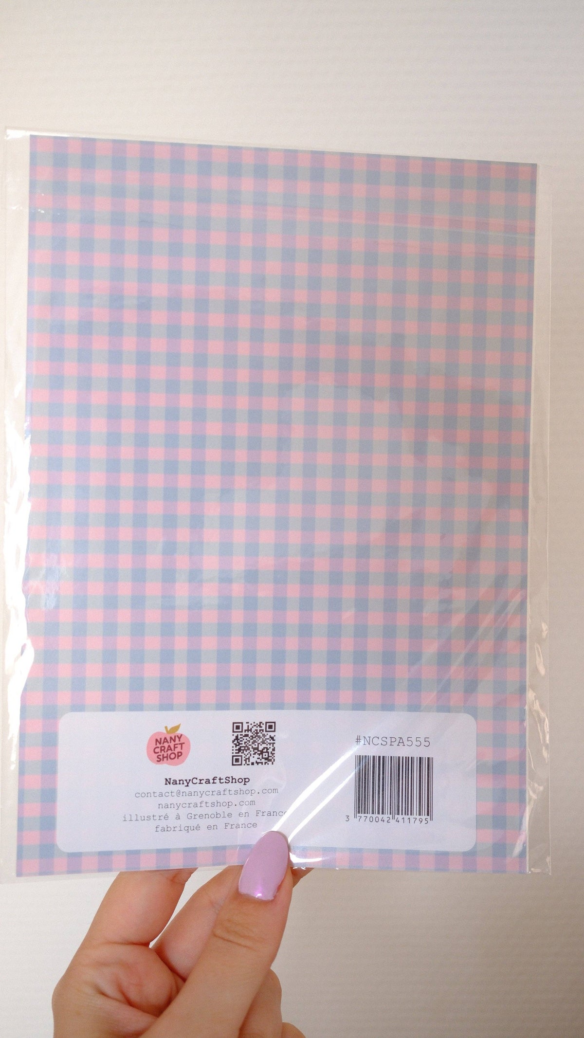 A5 holographic seashell sticker sheet back with barcode and check pattern