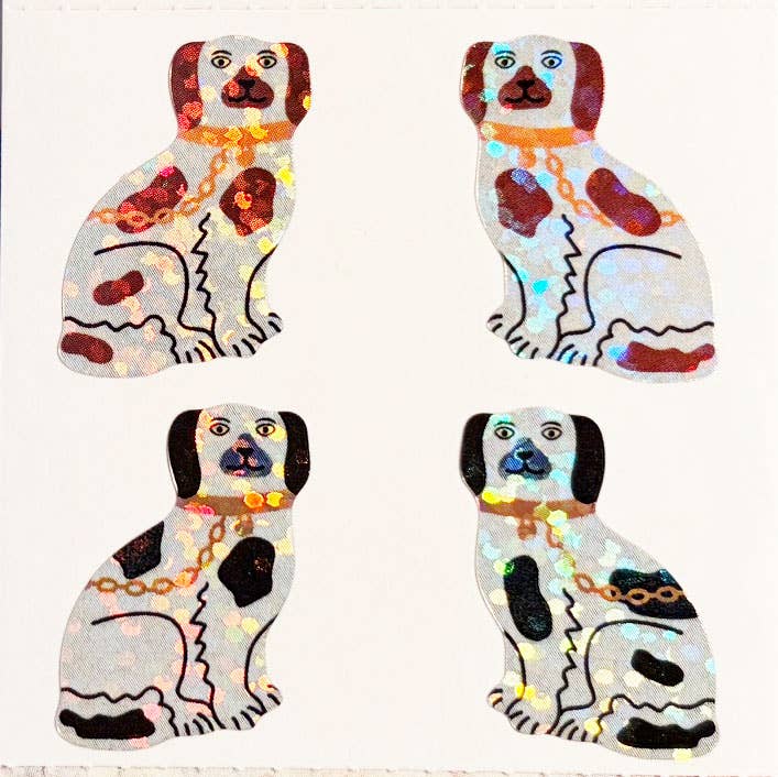 Four colorful dog stickers with collars and wavy tail outlines on white
