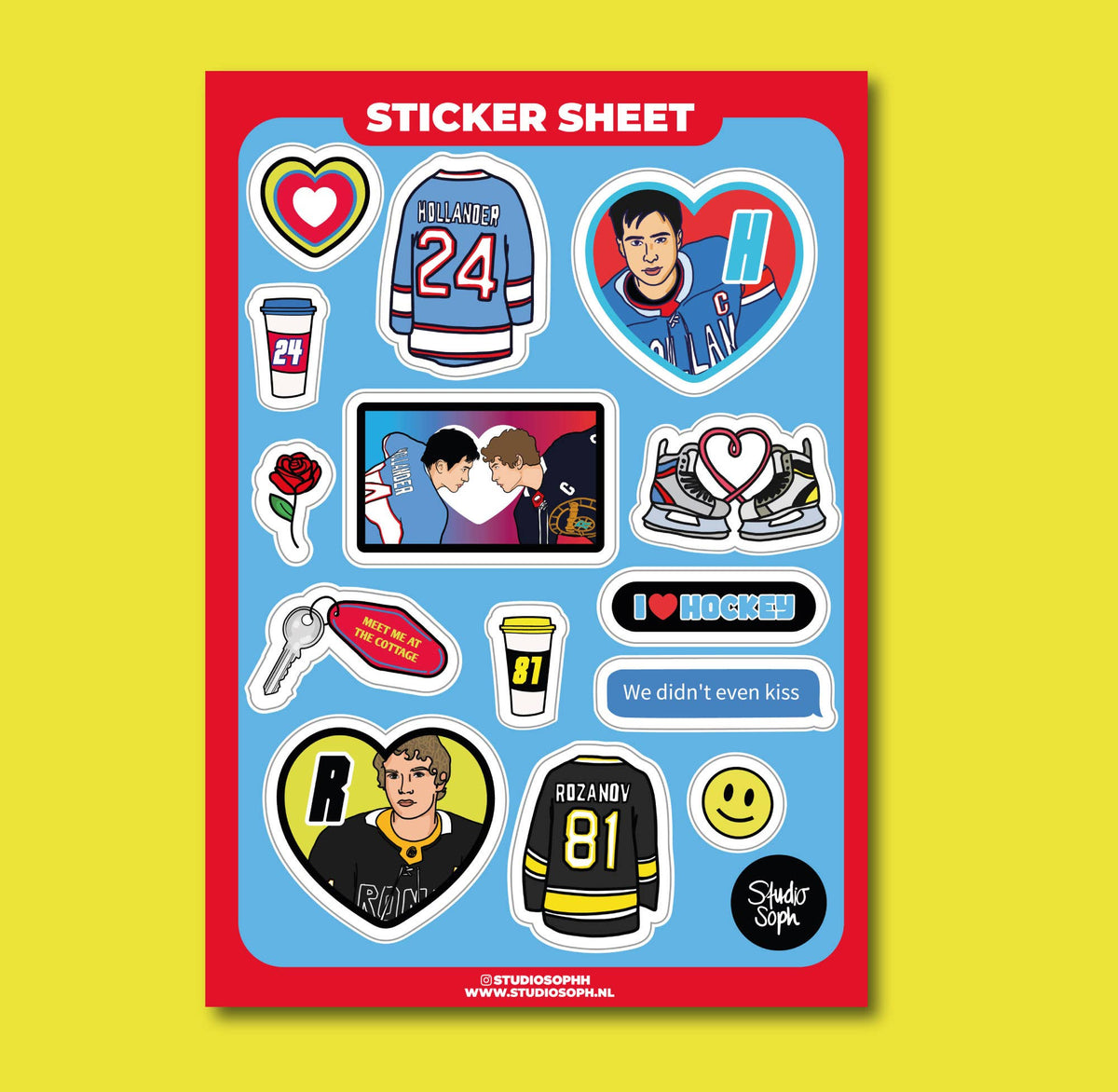 Hockey Romance A5 sticker sheet with hockey jerseys, hearts, and team-style badges in a blue layout
