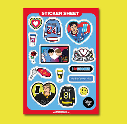 Hockey Romance A5 sticker sheet with hockey jerseys, hearts, and team-style badges in a blue layout