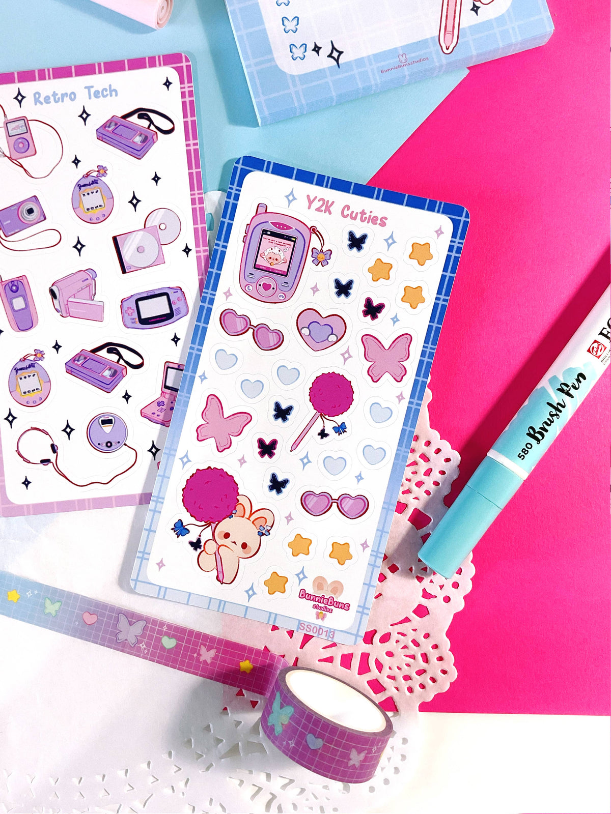 Sticker sheet with pastel Y2K characters, phones, hearts, stars, and bows