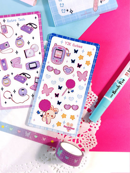 Sticker sheet with pastel Y2K characters, phones, hearts, stars, and bows