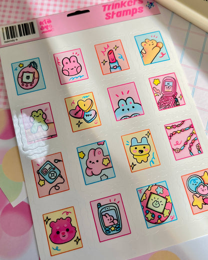 Trinkets stamps sticker sheet close-up with multicolor cute character and heart stickers in frames