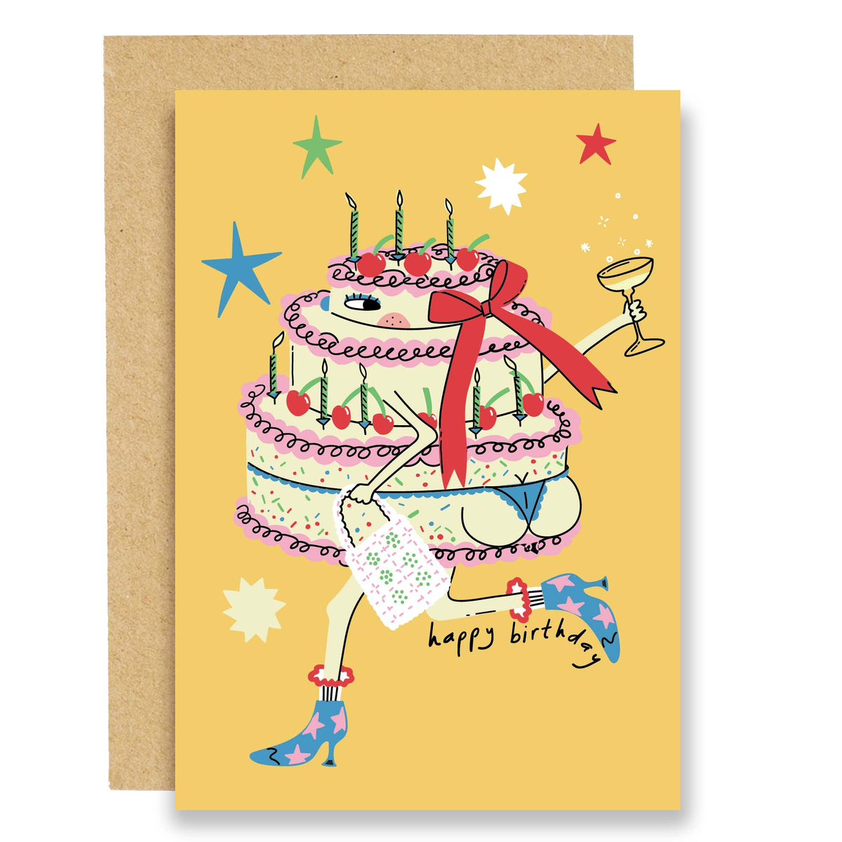 Yellow birthday card with cake in boots, candles, ribbon, and happy birthday text.