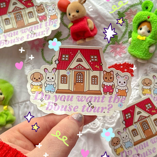 House Tour sticker with a red house, animal characters, and star accents