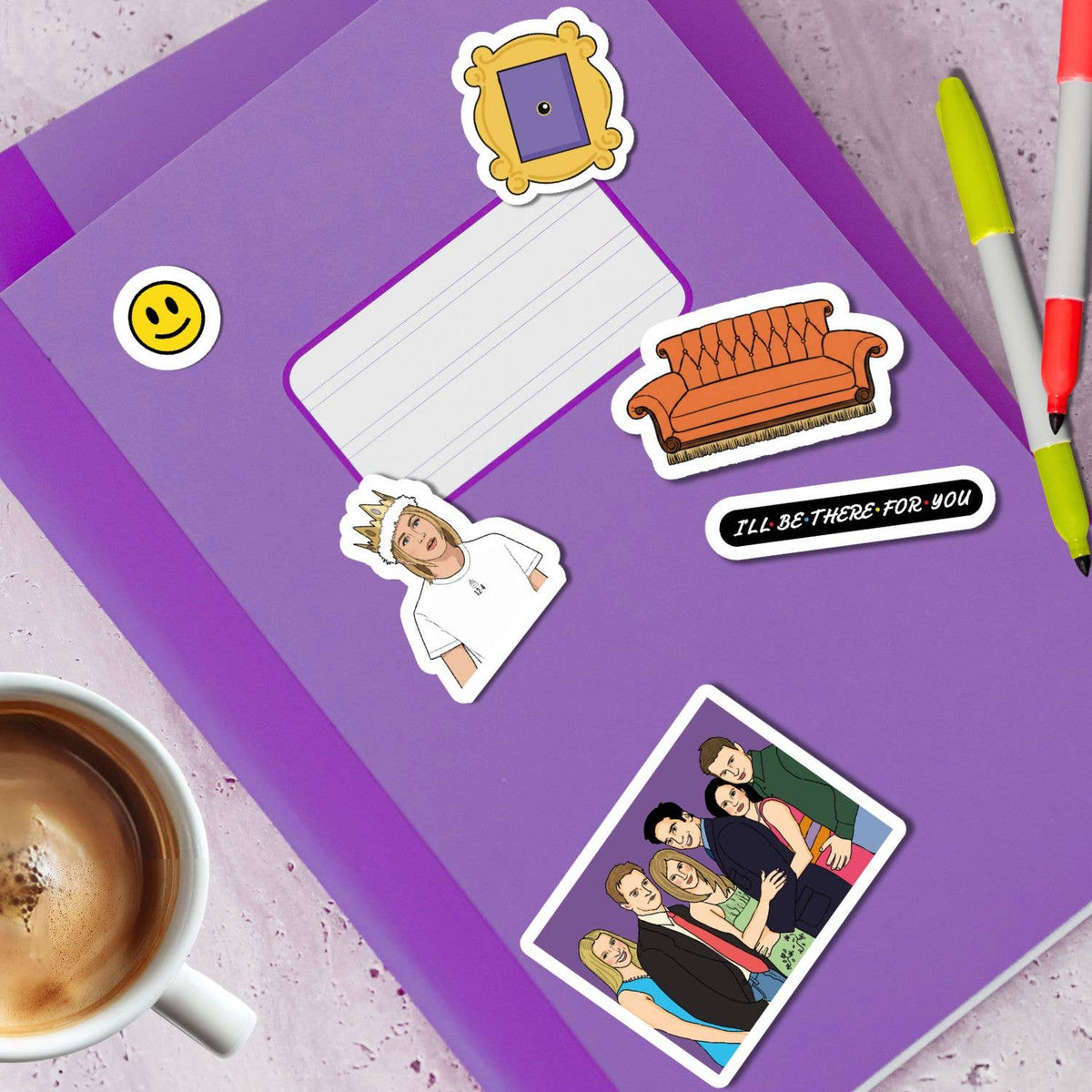 Sticker sheet detail with die-cut couch, people, and smile icon stickers on purple sheet