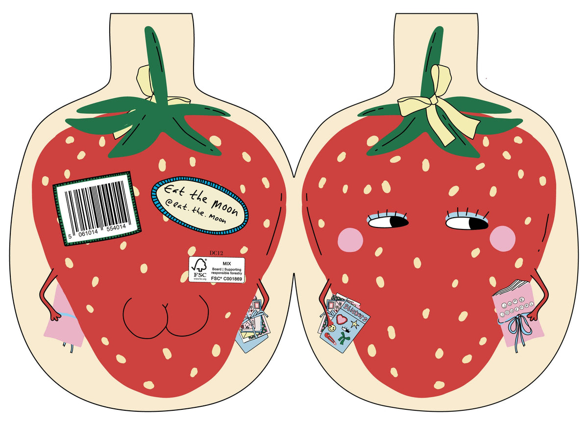 Two die-cut strawberry greeting cards with closed eyes and pink cheek blush
