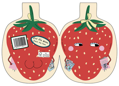 Two die-cut strawberry greeting cards with closed eyes and pink cheek blush