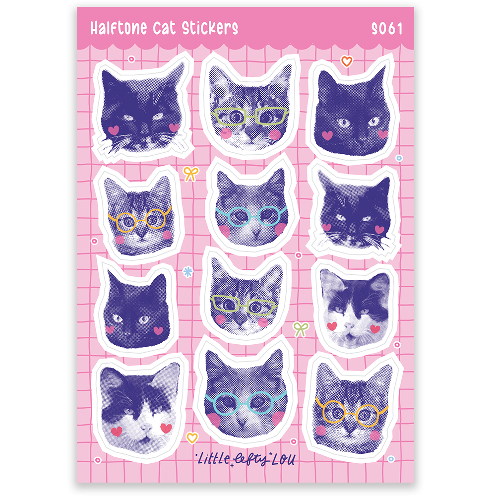 Halftone cat sticker sheet with waterproof vinyl cat face decals in a grid layout