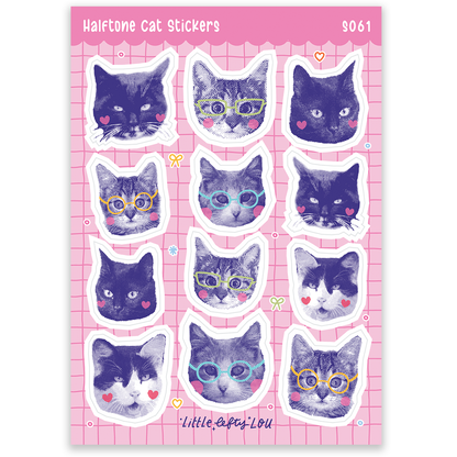 Halftone cat sticker sheet with waterproof vinyl cat face decals in a grid layout