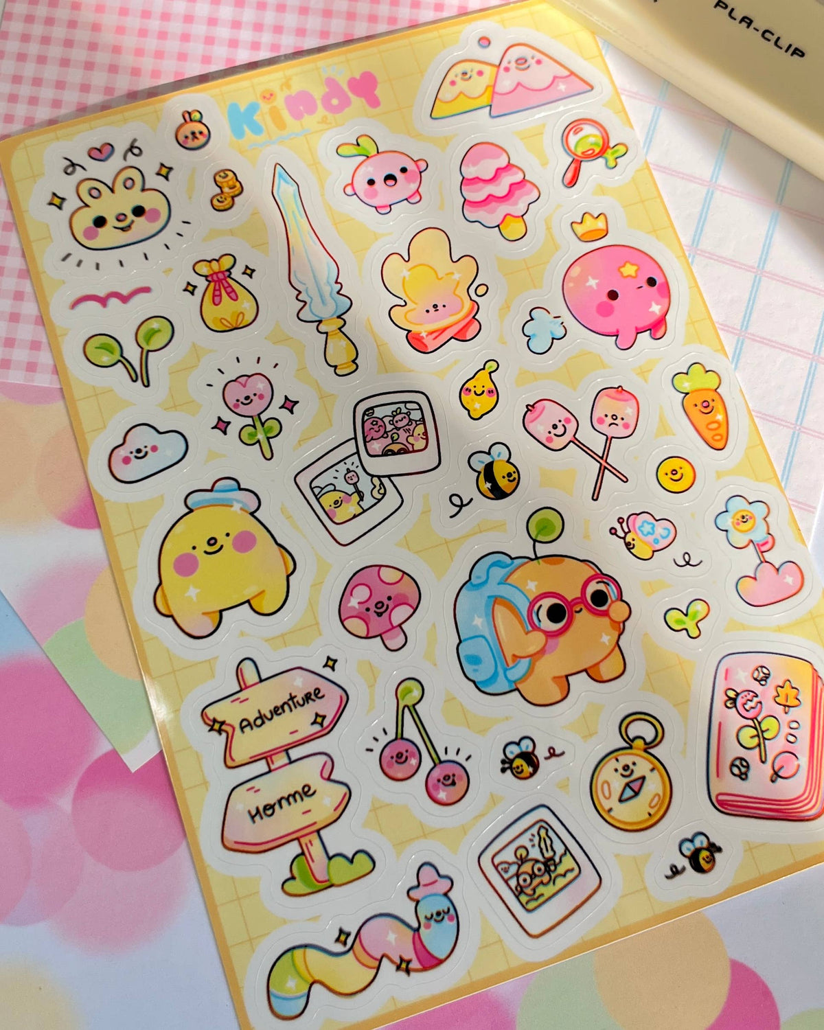 Adventure awaits sticker sheet close-up of pastel animal and food stickers