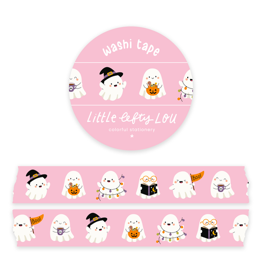 Pink washi tape with cute ghost character strip pattern