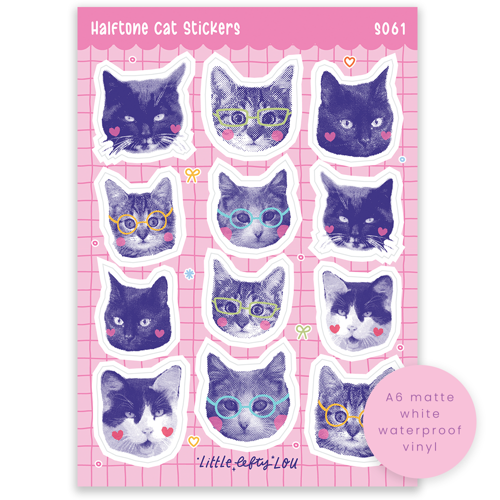 Halftone cat sticker sheet with matte white waterproof vinyl cat faces, multiple sizes