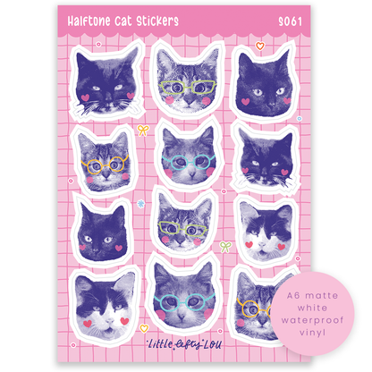 Halftone cat sticker sheet with matte white waterproof vinyl cat faces, multiple sizes