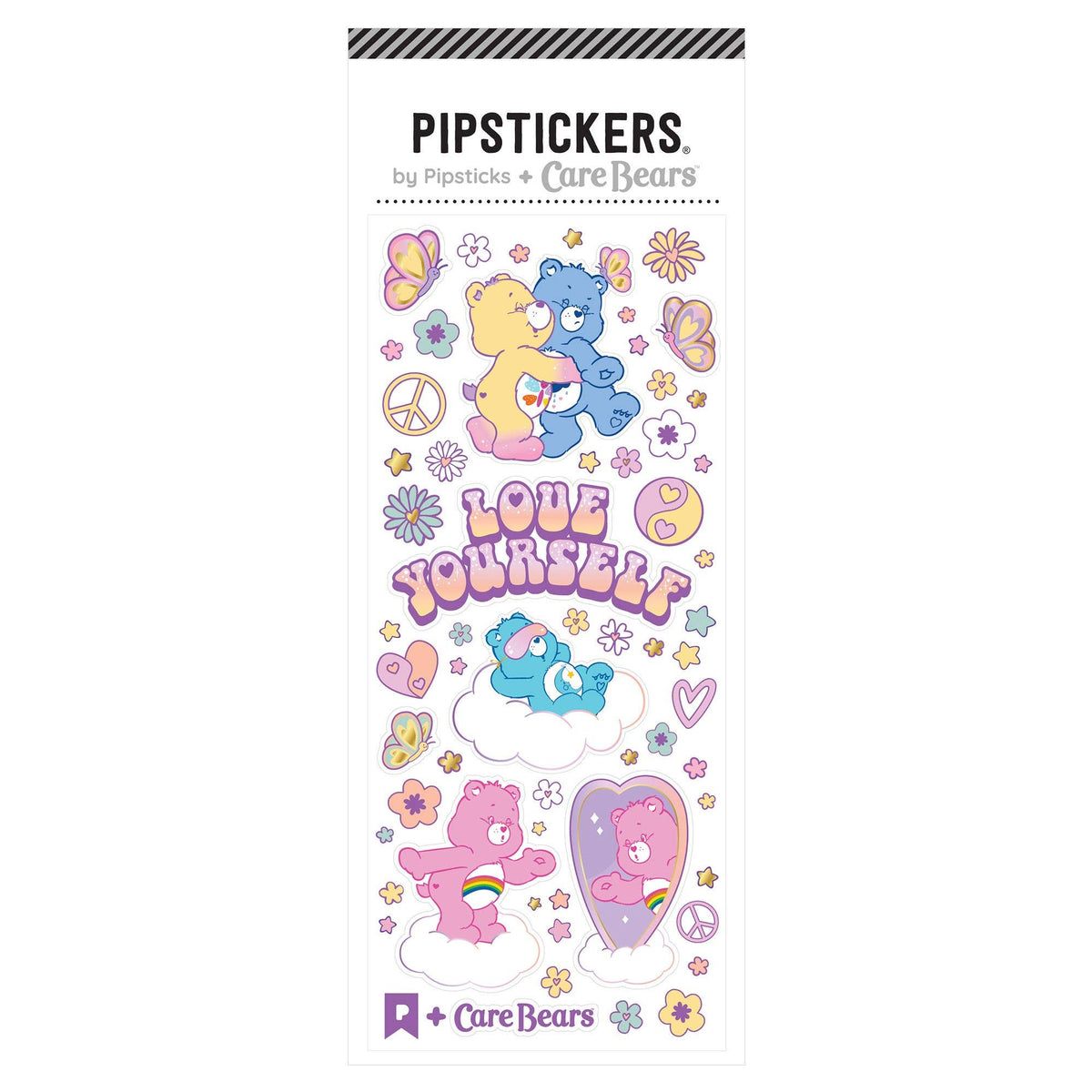 Care Bears Love Yourself sticker sheet with bears, hearts, flowers, and peace symbols