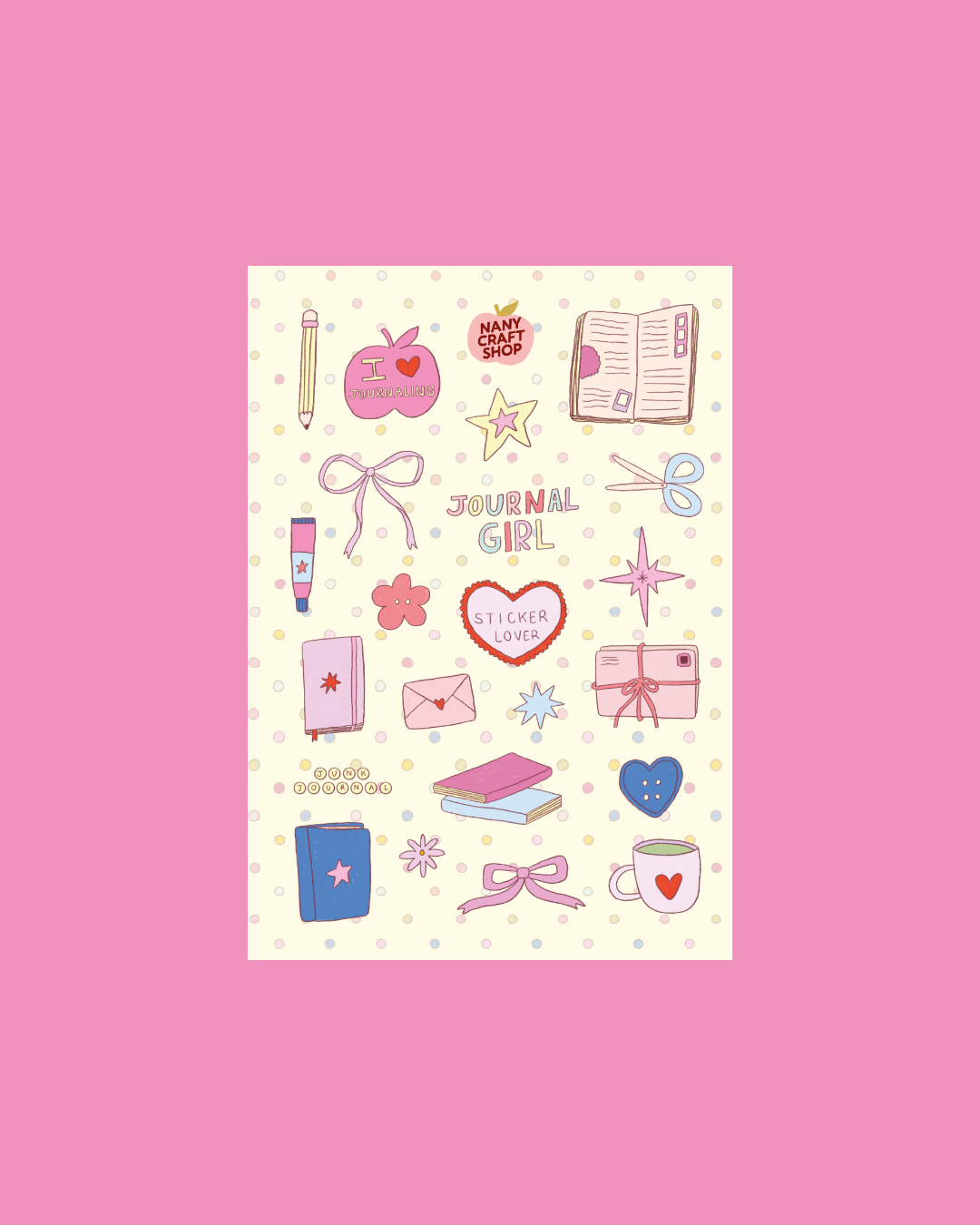 A5 sticker sheet with stationery icons, hearts, stars, bows, envelopes and notebooks